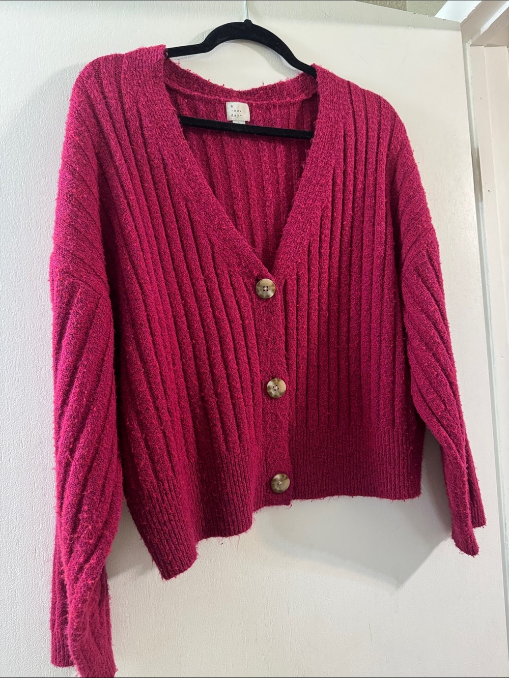 a new day Fuchsia Ribbed Button-Front Cardigan